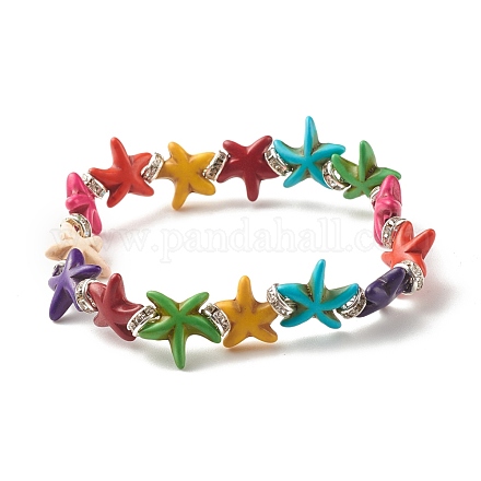 Starfish/Sea Stars Synthetic Turquoise(Dyed) Beaded Stretch Bracelet with Rhinestone BJEW-JB07867-1