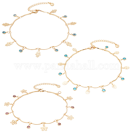 Anattasoul 3 pièces 3 style hamsa main & fleur & arbre & acrylique mauvais œil charme bracelets de cheville ensemble AJEW-AN0001-05-1