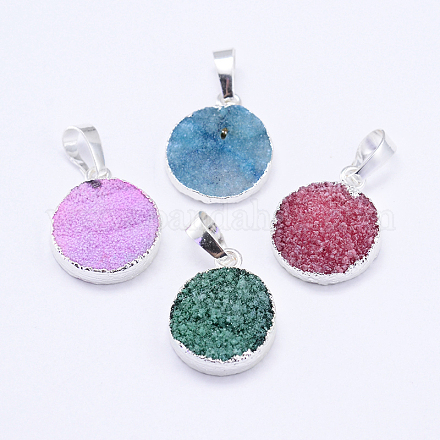 Dyed Natural Druzy Agate Flat Round Pendants G-P089-48-1