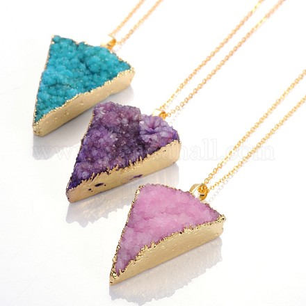 Triangle Brass Electroplated Natural Druzy Agate Crystal Pendant Necklaces NJEW-JN01140-1