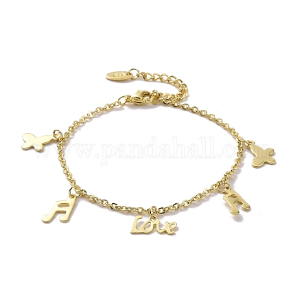 201 bracelet à breloques papillon & note de musique & mot d'amour en acier inoxydable avec 304 chaînes en acier inoxydable pour femme BJEW-C019-32G-1