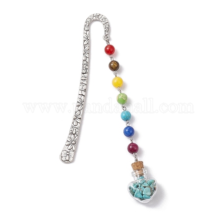 7 perle de pierre précieuse chakra et marque-pages pendentif en forme de cœur en verre turquoise synthétique AJEW-JK00313-04-1