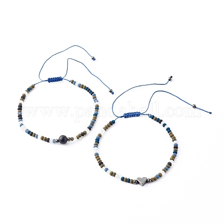 Set di bracciali con perline intrecciate in filo di nylon regolabile con perline di agata nera naturale BJEW-JB06453-1