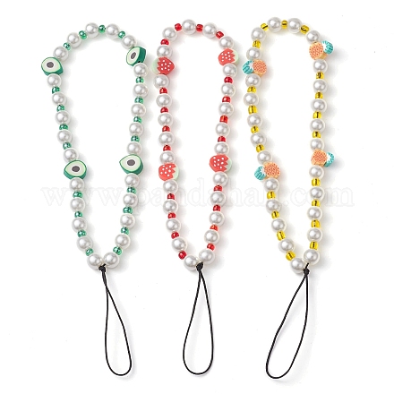 3Pcs Fruits Polymer Clay & Imitated Pearl & Glass Beaded Mobile Straps HJEW-JM01641-1