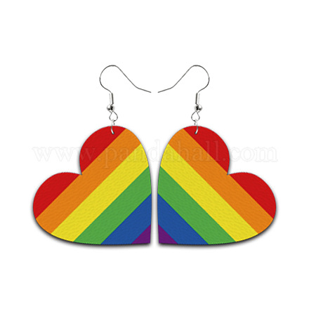 Orecchini pendenti con cuore in pelle color arcobaleno con bandiera dell'orgoglio RABO-PW0001-018B-1
