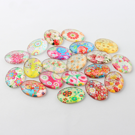 Multi-Color Floral Pattern Theme Ornaments Glass Oval Flatback Cabochons GGLA-A003-30x40-SS-1