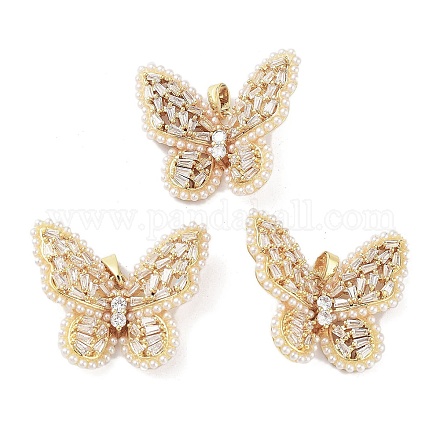 Rack Plating Brass Micro Pave Clear Cubic Zirconia with Plastic Imitation Pearl Pendants KK-G482-03G-1