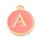 Golden Plated Alloy Enamel Charms, Enamelled Sequins, Flat Round with Alphabet, Letter.A, Hot Pink, 14x12x2mm, Hole: 1.5mm