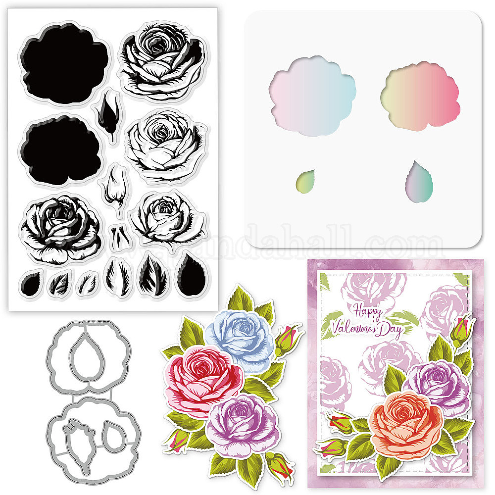Peony Cut Dies & Clear Stamp & Painting Stencils Flowers Embossing Template Silicone Stamp Hollow Painting Stencil Set For Scrapbooking Card Making