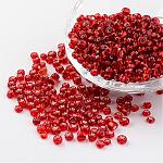 Une rond d'argent perles de graine de verre doublé trou rond, rouge, 6/0mm, Trou: 4mm, environ 1.5 pcs/496 g