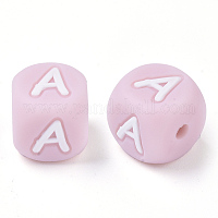 Transparent Pink Acrylic Beads, Horizontal Hole, Mixed Letters, Flat Round  with White Letter, 7x4mm, Hole: 1.5mm, 100pcs/Bag