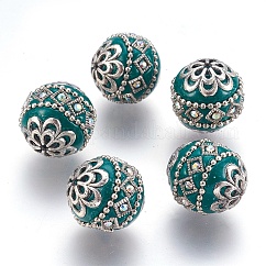 Abalorios de indonesia hecho a mano, con fornituras de metal, redondo, plata antigua, cerceta, 19.5x19mm, agujero: 1 mm