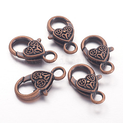 Broches de estilo tibetano garra de langosta corazón, sin plomo y cadmio, cobre rojo, 26.5x14x6mm, agujero: 4 mm