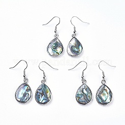 Teardrop Platin Ton Messing natürliche Paua Muschel baumeln Ohrringe&nbsp;EJEW-M060-08-01