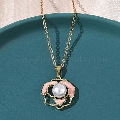 Messing Emaille rosa Blume Anhänger 304 Edelstahl Kette Halsketten für Frauen&nbsp;NJEW-D341-04G