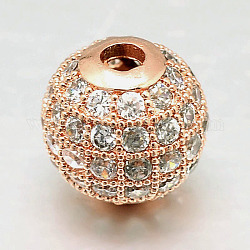 Perles rondes en laiton avec zircone cubique de micro pave, clair, or rose, 8mm, Trou: 2mm