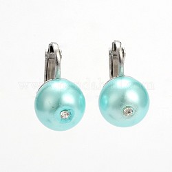 Trendy Glass Pearl Beads Clip-on Earrings, with Rhinestone and Platinum Brass Earring Components, Cyan, 16x10x18mm