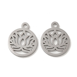 304 Stainless Steel Charms, Laser Cut, Flat Round with Lotus Charm, Stainless Steel Color, 14.5x12x1mm, Hole: 1.5mm