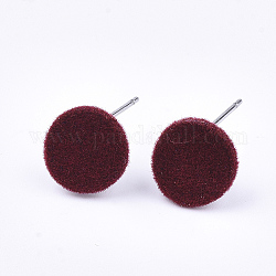 Flocky Iron Stud Earring Findings, with Steel Pins and Loop, Flat Round, Brown, 10mm, Hole: 2mm, Pin: 0.8mm