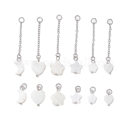 12Pcs 12 Styles Natural Freshwater Shell Big Pendants Set, with Platinum Plated 304 Stainless Steel Open Jump Rings and Brass Cable Chains, Heart & Moon & Star, Mixed Shapes, Seashell Color, 47~53mm, 1pc/style