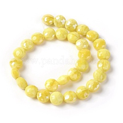 Chapelets de perles en verre électroplaqué, perle plaquée lustre, plat rond à facettes, champagne jaune, 10x6.5~7mm, Trou: 1mm, Environ 30 pcs/chapelet, 11.8 pouce (30 cm)