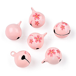 Cuisson pendentifs de cloche en laiton peint, balle avec sakura, rose, 23x18x18mm, Trou: 2.5mm