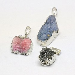 Electroplate Natural Dyed Druzy Crystal Pendants, Silver, 25~49x17~25x10~14mm, Hole: 4x7mm