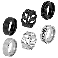 FIBLOOM 6Pcs 6 Style Titanium Steel Plain & Curb Chains Finger Rings Set for Women, Electrophoresis Black & Stainless Steel Color, Inner Diameter: 17.6~17.9mm, 1Pc/style