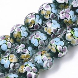 Hilos de abalorios de murano hechos a mano, flor interna, redondo, verde, 11.5~12.5x10.5~11.5mm, agujero: 1.4 mm, aproximamente 45 pcs / cadena, 19.69 pulgada ~ 20.08 pulgadas