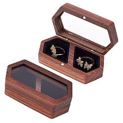 Cajas de almacenamiento de anillos de pareja de madera de 2 ranura, caja de anillo de bodas con ventana transparente, con cierres magnéticos y terciopelo en el interior, hexágono, negro, 9.6x5x2.95 cm, diámetro interior: 45x35 mm