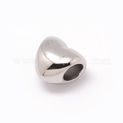 Perles européennes de cœur avec gros tros en 304 acier inoxydable, couleur inoxydable, 10x11.5x8mm, Trou: 5mm