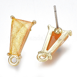 Alloy Stud Earring Findings, with Loop, Resin and Steel Pins, Trapezoid, Light Gold, Orange, 16x9mm, Hole: 1.6mm, Pin: 0.7mm
