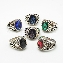 Стеклянные широкополосные пальцевые кольца, со сплавочной фурнитурой для кольца, граненые, овальные, античное серебро, Размер 7~11, разноцветные, 17~21 мм