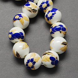 Abalorios de la porcelana hecha a mano impresos, redondo, azul, 8mm, agujero: 2 mm
