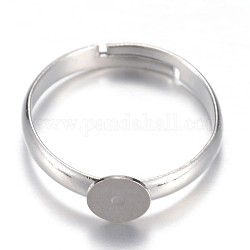 Adjustable Brass Pad Ring Setting Components, Flat Round, Size 7, Platinum, Tray: 6mm, 17mm