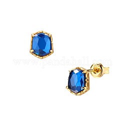925 Sterling Silver Stud Earrings, with Cubic Zirconia, Hexagon, Blue, Golden