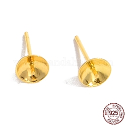 925 Sterling Silver Stud Earring Findings, for Half Drill Beads, with S925 Stamp, Real 18K Gold Plated, 13x6mm, Inner Diameter: 5.6mm, Pin: 11x0.7mm
