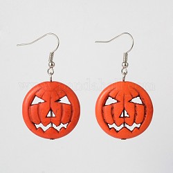 Halloween Pumpkin Jack-o'-Lantern Jack o Lantern boucles d'oreilles pendantes synthétiques turquoise, avec crochets d'oreilles en laiton, couleur argentée, 45mm, pin: 0.7 mm