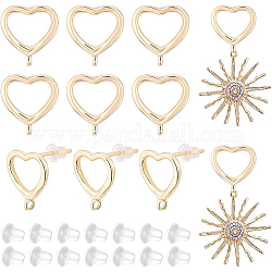 BENECREAT 6 Pairs Real 14K Gold Plated Brass Stud, Heart Shape Earring Findings with Loops and 30Pcs Plastic Ear Nuts for Earring Making, 13x11.5mm, Hole: 1.4mm