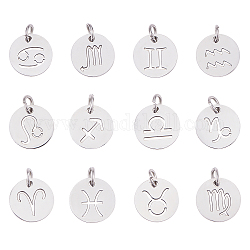UNICRAFTALE 24pcs Flat Round with 12 Constellation Pendants 304 Stainless Steel Mixed Sign Charms 3mm Small Hole Zodiac Sign Charm for DIY Necklace Bracelet Jewelry Making Craft 12x1mm