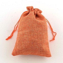 Polyester Imitation Burlap Packing Pouches Drawstring Bags, Coral, 13.5x9.5cm