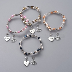 Wickeln Armbänder, mit natürlichen Perlen, Tibetischen Stil Legierungs Anhänger & Charms, drei Schleifen, Mischfarbe, 2-1/8 Zoll (5.5 cm)