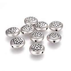 Perline in lega stile tibetano, piatta e rotonda con loto,  piombo & nichel & cadmio libero, Tailandia placcata in argento sterling, 14x6.5mm, Foro: 1 mm