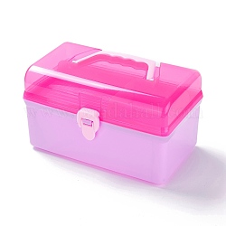Boîte en plastique, boîte de rangement amovible, avec deux couches et poignée, pour des accessoires de bijoux, rectangle, rose foncé, 12.7x21x13.8 cm