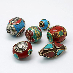 Handmade Tibetan Style Beads, Brass with Synthetic Coral and Turquoise, Mixed Color, 27~40x17~24mm, hole: 1~3mm
