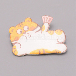 Tiger with Money Chinese Zodiac Acrylic Brooch, Lapel Pin for Chinese Tiger New Year Gift, White, Orange, 31x43x7mm