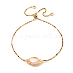 Natürliche Barockperle Keshi-Perlenkette für Mädchenfrauen, 304 venezianisches Schieberarmband aus Edelstahl, golden, peachpuff, Innendurchmesser: 3/8~3-1/8 Zoll (1~8 cm)