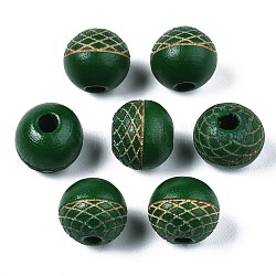 Perles de bois naturel peintes, motif gravé au laser, ronde, vert foncé, 10x9mm, Trou: 2.5mm