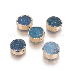 Perles en agate druzy naturelle, avec les accessoires en laiton, teinte, plat rond, or, bleu, 12x6mm, Trou: 1mm
