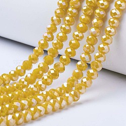 Chapelets de perles en verre électroplaqué, couleur unie opaque, de couleur plaquée ab , facette, rondelle, jaune, 8x6mm, Trou: 1mm, Environ 65~68 pcs/chapelet, 15.7~16.1 pouce (40~41 cm)